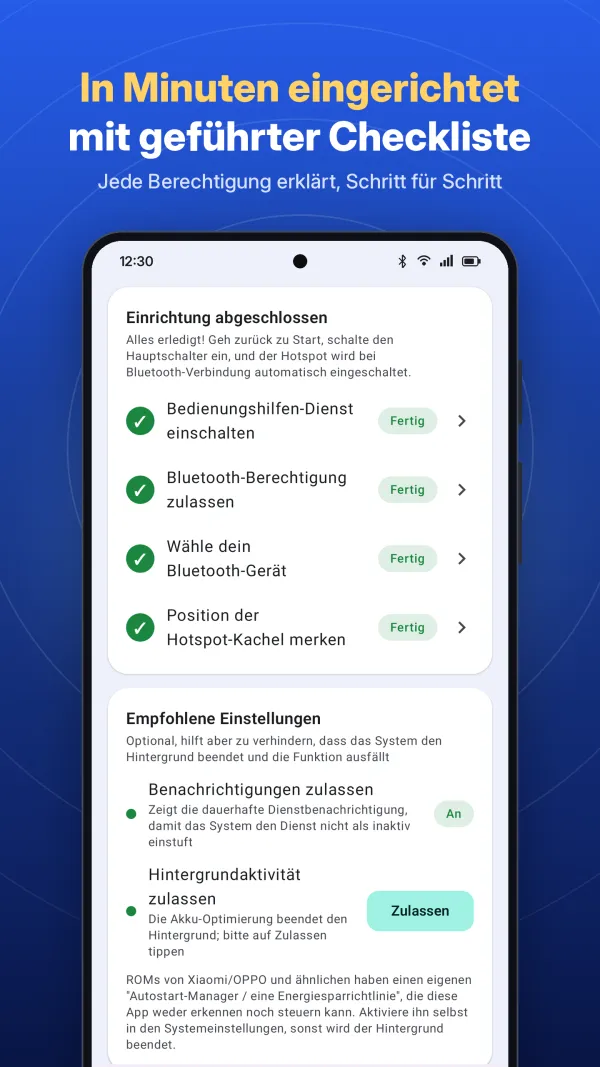 Einrichtungs-Checkliste, alle Schritte erledigt