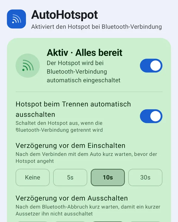 AutoHotspot-Startbildschirm: aktiviert, automatisches Ausschalten und Verzögerungen