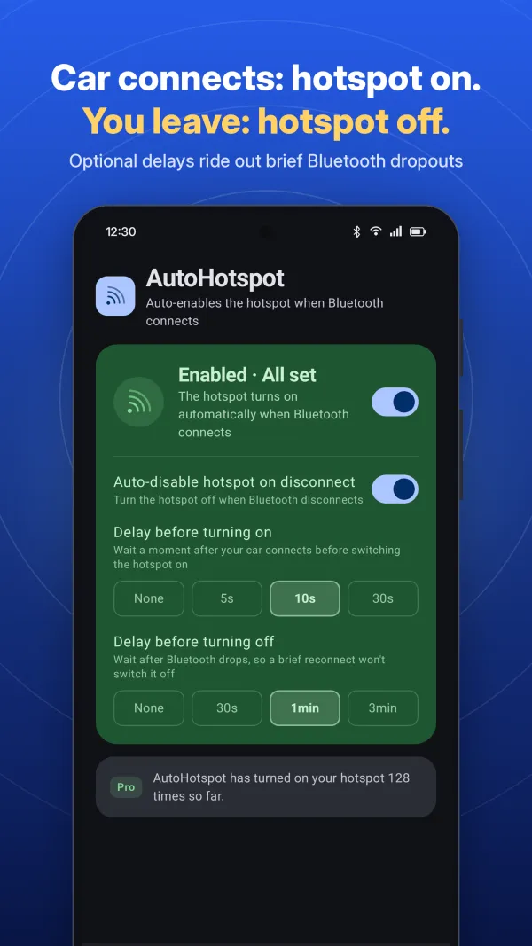 Home screen with auto-off and delay options