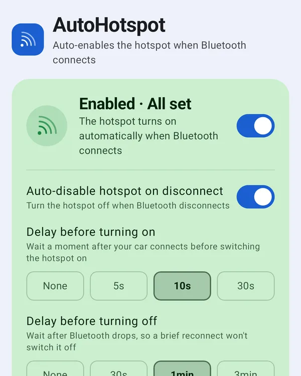 AutoHotspot home screen: enabled, auto-off and delay options